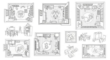 Detailed architectural sketches of various interior room layouts and designs.