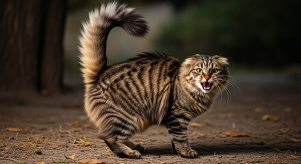 Frightened Feline Tabby Cat Hissing in Autumn Woods.