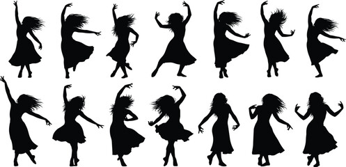 Set of dancing woman silhouettes isolated on white background, female dancer figures in motion, expressive black dress poses for graphic design