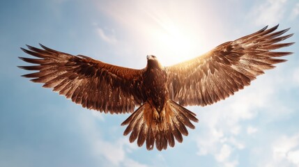 Obraz premium Majestic hawk soaring through sunny skies. Powerful bird of prey in dynamic flight with outstretched wings. Wildlife nature photography symbolizing freedom and strength