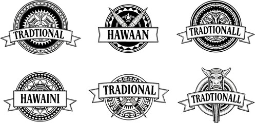 Six circular emblems with ornate designs and text banners