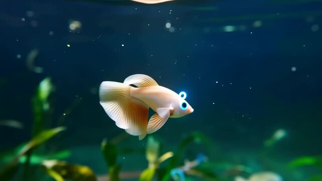 Cartoon goldfish character swimming gently in aquarium environment animated with bubbles and plants underwater
