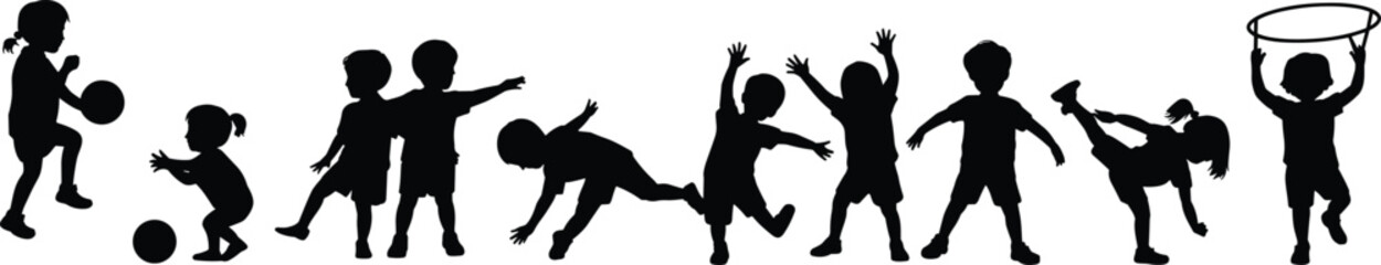 Silhouettes of children playing and exercising in various dynamic poses with a basketball and hoop © Hey Tahera
