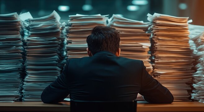 Businessman from behind sitting at a desk, surrounded by towering stacks of documents symbolising stress, overwork, and the immense burden of bureaucracy and administrative tasks in the office
