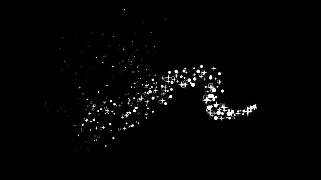 2D glitter star sparkle animation, white stars and bokeh lights sparkle, magic sparkles glitter line stars, pixie dust path, magic line dust, cartoon glitter on black screen background. 4k