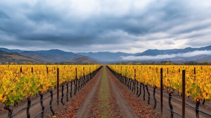 Fototapeta premium Golden yellow grapevines lining a long dirt path, extending towards distant mountains shrouded in storm clouds and low-lying fog, capturing the essence of the autumn harvest season
