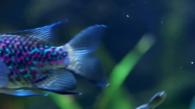 Close up view of colorful jewel cichlid swimming in freshwater aquarium with green plants and blue water