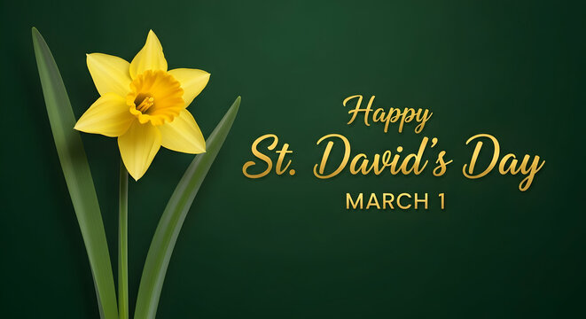 Happy st david's day march 1st celebration with yellow daffodils and green background