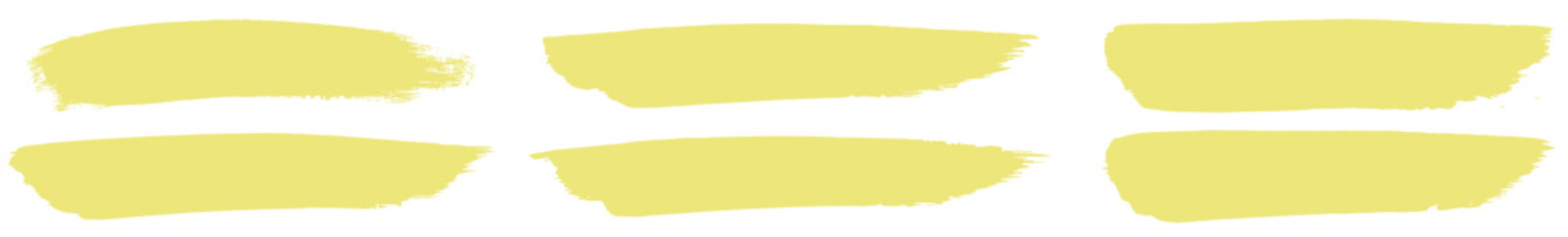 Yellow paint brush stroke vector set, handdrawn marker highlight smears and banner strips isolated on transparent background