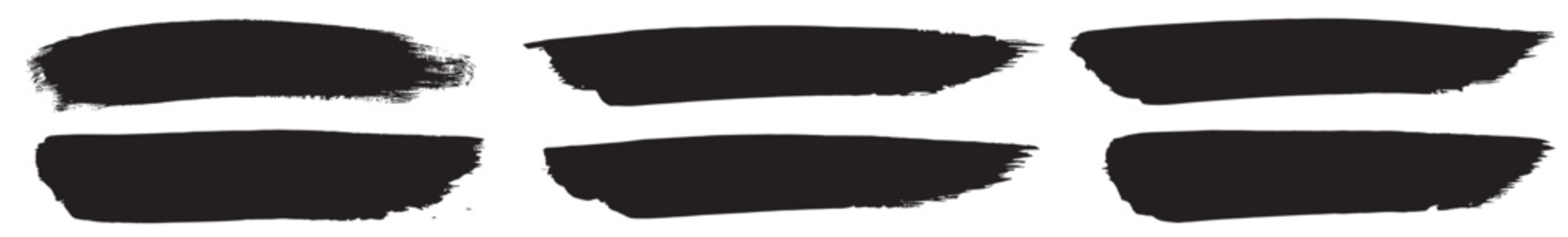 Black paint brush stroke vector set, grunge ink swashes and rough banner stripes isolated on transparent background