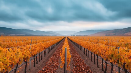 Fototapeta premium Vineyard rows displaying vibrant golden leaves line the valley floor under a dramatic overcast sky, creating a strong sense of perspective and agricultural beauty