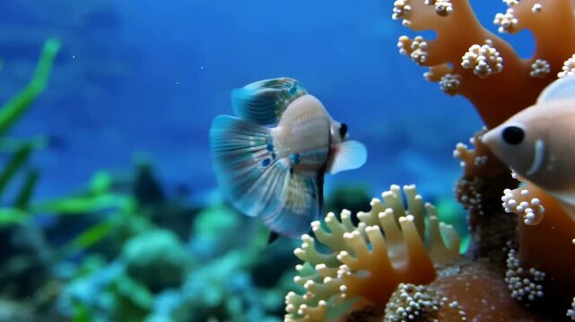 Elegant orchid dottyback and fish swim gracefully among soft corals in a vibrant blue saltwater aquarium environment