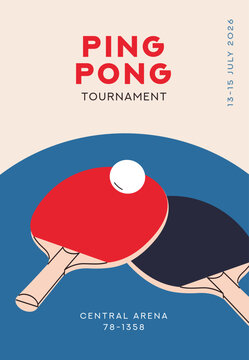 Ping pong poster design. Table tennis card, sport competition flyer with rackets and ball. Championship, tournament event with racquets, indoor match play. Flat vector illustration