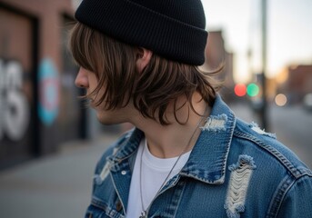 Young man in denim jacket and beanie smiling outdoors urban street lifestyle casual portrait	