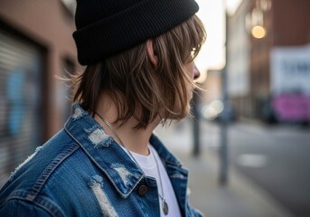 Young man in denim jacket and beanie walking urban street lifestyle portrait outdoor casual fashion photography	