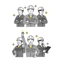 私たちにおまかせください のイラスト。現場で活躍する作業員チーム