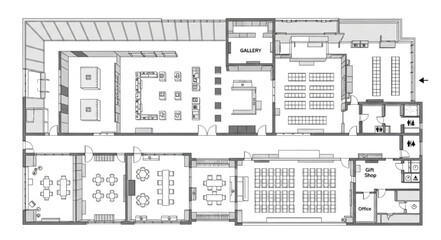 Architectural floor plan of a building showcasing various rooms and layouts for design. © Fisol
