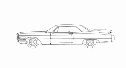 Obraz premium Side profile line drawing of a classic American car with distinctive tail fins