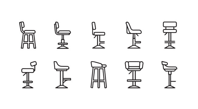 Collection of Bar Stool Icons, Diverse Designs, Line Art Style