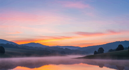 Fototapeta premium Serene landscape at dawn with misty lake and rolling hills