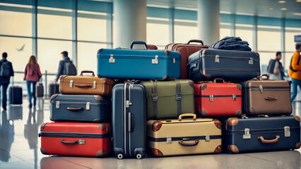 Fototapeta premium Pile of luggage at airport. Stacked suitcases in aerodrome baggage area.