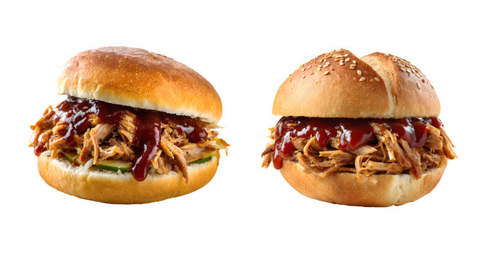 Delicious pulled pork sandwich with barbecue sauce isolated on transparent background
