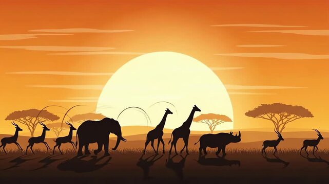 Safari animals in silhouette with warm orange sunset in vector illustration for wildlife conservation