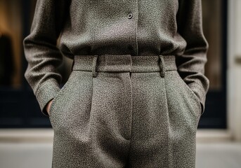 Businessman holding gray wool trousers with hands in pocket formal office wear professional attire close up	