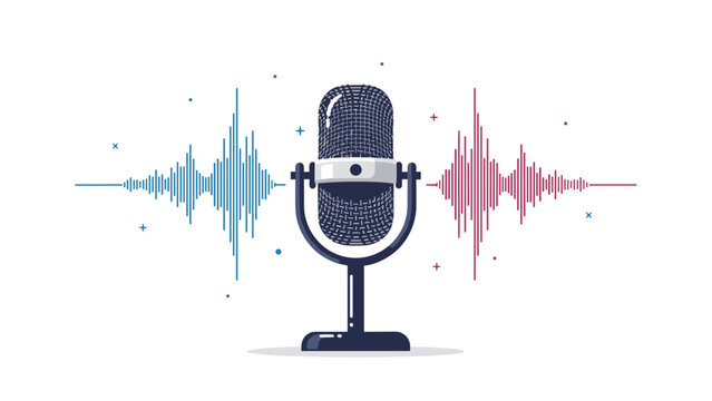 Podcast and radio broadcasting concept features a professional microphone with blue and red sound frequency visualizations.