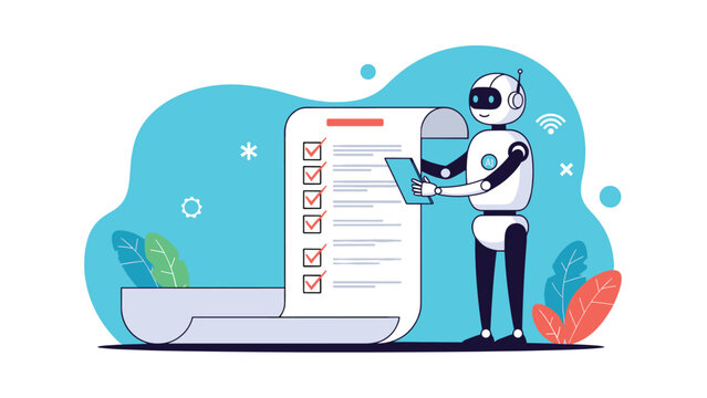 Automation of administrative tasks is shown with a robot meticulously reviewing a long checklist on a scrolling document.