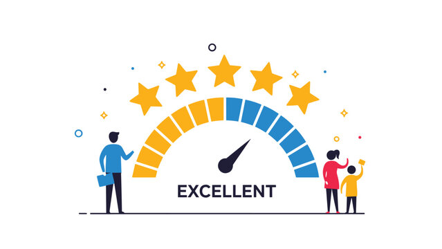 Customer satisfaction and performance measurement shown with a speedometer gauge pointing to excellent while people celebrate the result.