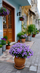 Potted flowers line the street. Purple flowers in pots line a city street. Green plants add color near doorways and along the sidewalk.
