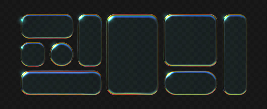 Liquid glass frames and buttons set isolated on transparent background.