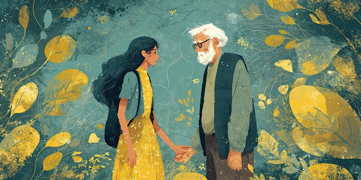 Loving adult daughter talking to sad old man, holding hand, comforting upset elderly man