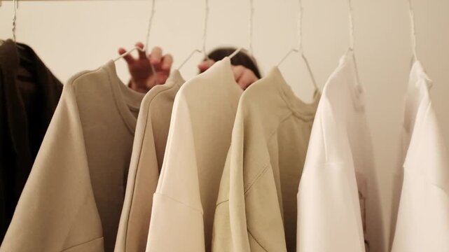 Young woman selects or organizes clothes on a clothing rack. Choosing pastel color knitwear t-shirts and sweatshirts. New basic casual unisex clothes. Concept of fast fashion industry waste issue. 