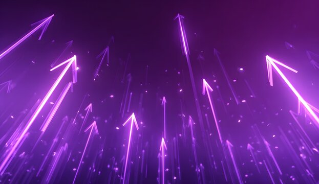 Futuristic glowing arrows ascend on purple background with light particles and bokeh effect symbolizing progress