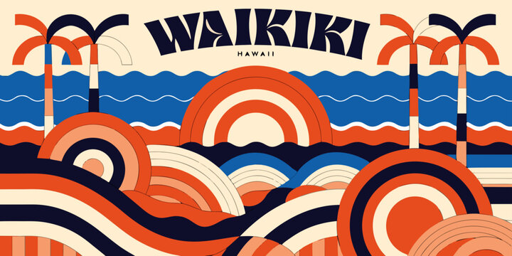 USA, US, U.S, United States - Waikiki Sunset Layered Gradient SVG &ndash; Tropical Island Coastal Vector Design for USA Hawaii Travel, Beach Decor & Craft Projects