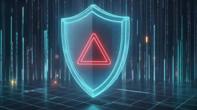 Glowing blue shield with red warning triangle in cyber security concept