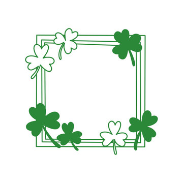 Hand drawn Patrick's Day square frame. Saint Patrick's Day square frame with green shamrock leaves. Minimalist festive border for holiday greetings, invitations, and Irish themed designs.