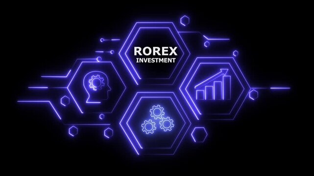 Futuristic Abstract Neon HUD Interface with Knowledge and Business Gear Icons Featuring a Glowing &ldquo;ROREX INVESTMENT &rdquo; Button in German on Digital Wave Technology Background &ndash; 4K Animation