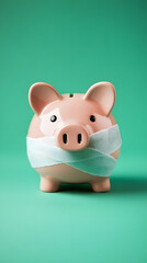 piggy bank adorned with bandages - concept of financial recovery and resilience after falling into debt vertical - green background