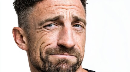 Fototapeta premium Portrait of a strong white man with emotional facial expression on a white isolated background.