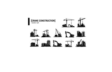 Fototapeta premium Crane Construction Vector Set - Black Silhouette Illustrations, Building Site Graphics, Construction Crane Icons, Industrial Development Design Elements