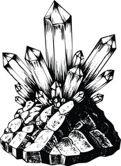 Black and White Crystal Cluster Illustration Geological Formation Gemstone Study