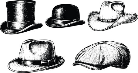 Assortment of Vintage Hats in Sketch StyleTop Hat Fedora Cowboy Bowler Flat Cap