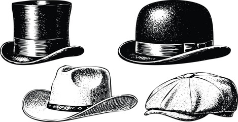 Vintage Hats Collection: Top Hat Cowboy Bowler Flat Cap Illustration