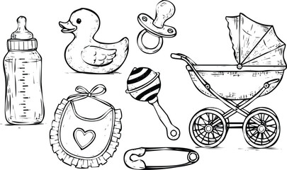 Baby Essentials Collection: Bottle Duck Bib Rattle Pacifier Stroller Safety PinHand Drawn Sketch