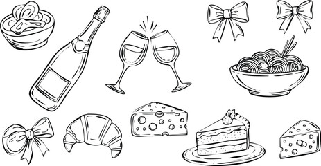 Celebration Food and Drink Icons: Champagne Cheese Croissant Noodles Cake Bows
