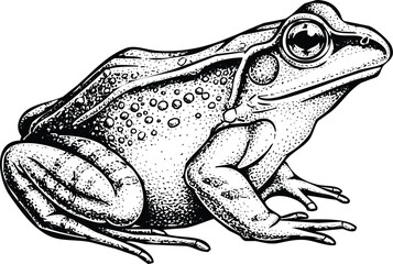 Detailed Frog Illustration Side View Black and White Ink Drawing Isolated on White Background