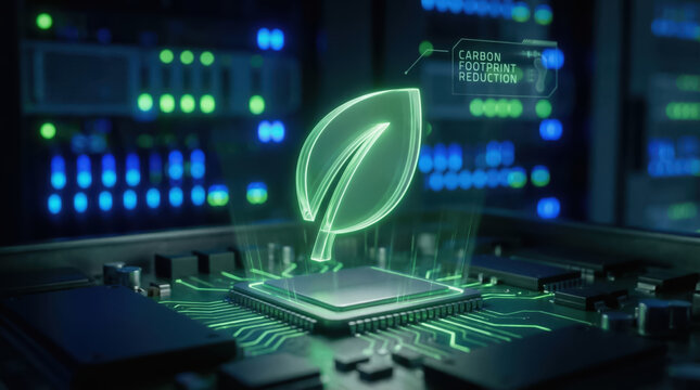 Green energy chip data center energy consumption green energy sustainability carbon footprint reduction eco leaf icon glowing circuit board